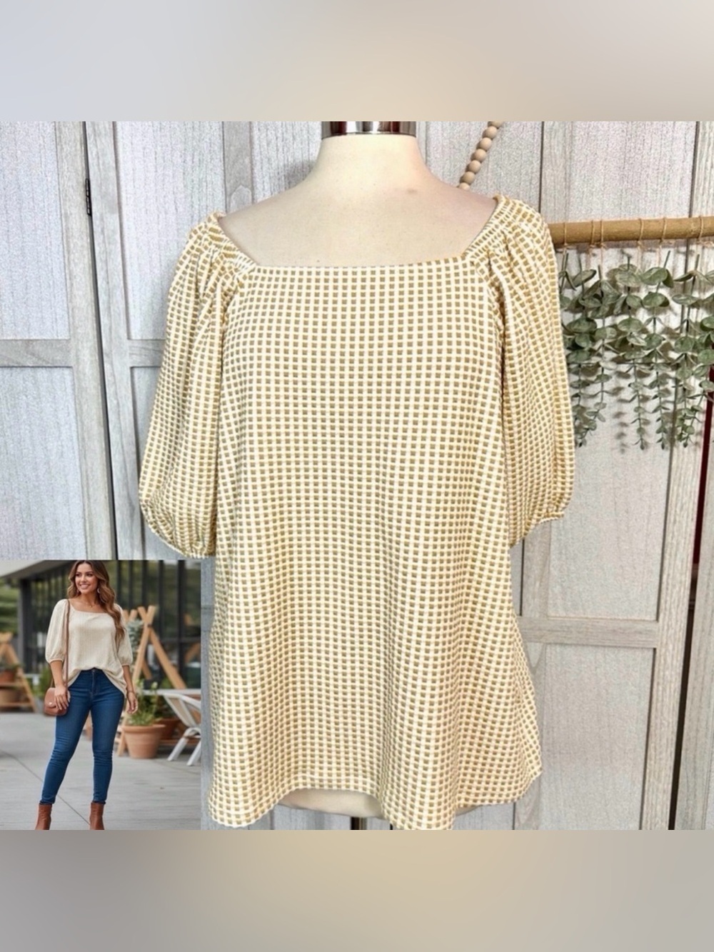 Ava & Viv Puffed Sleeve Top Mustard and White Gingham Check Stretch Plus Sz 1X